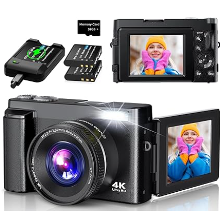 4K Digital Camera for Photography Autofocus, 2026 Latest 48MP Vlogging Camera for YouTube with SD Card, 2 Batteries, 3" 180°Flip Screen Compact Travel Camera for Teens with 16X Zoom, Anti-Shake, Black